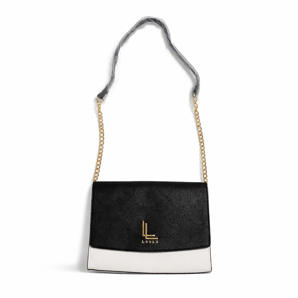 Loulu Black White Colorblock Faux Leather Crossbody Bag Gold Chain Strap New